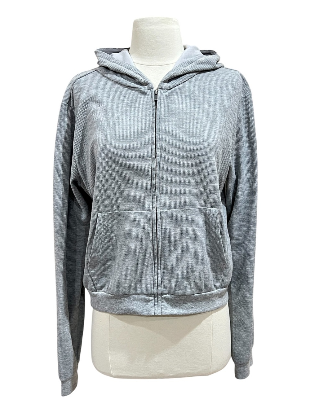 Fabletics Heather Grey Waffle Knit Cropped Full Zip Hoodie Size Large